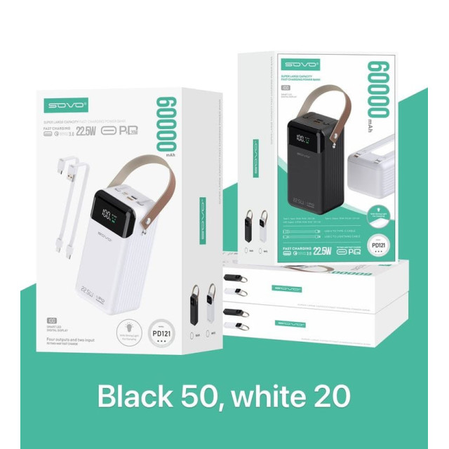 Sovo PD121 Fast Charge Power Bank 60000mah With PD Port + LED Light - Image 3